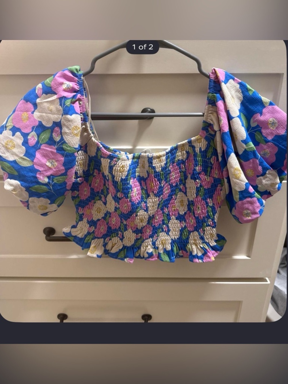 Altar'd State Blue Floral Smocked Puff-Sleeve Crop Top